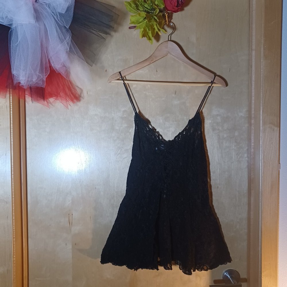 CLICHE' VINTAGE Allover Black Lace Front Split Babydoll Slip_Size Large